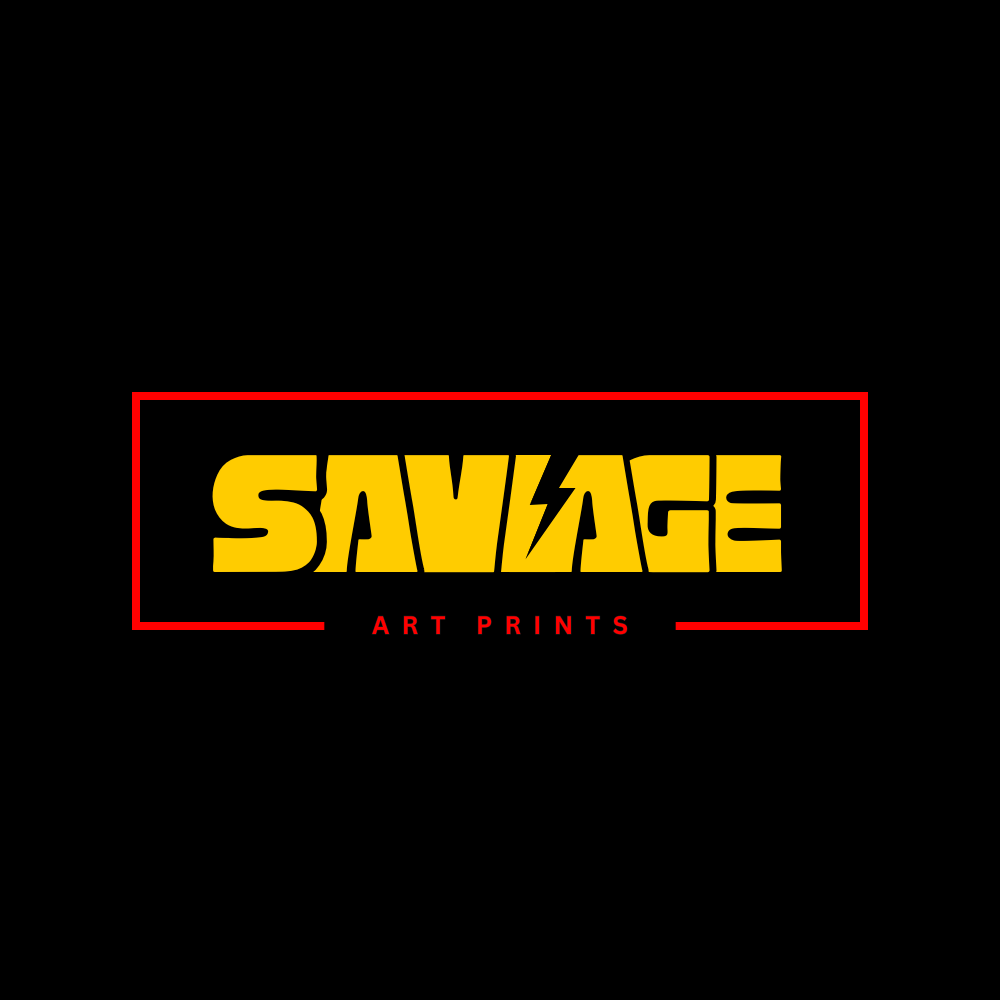 Savage Art Prints logo with bold yellow “SAVAGE” lettering—center A styled like a lightning bolt—framed by a red rectangle, with “ART PRINTS” in small red text below on black