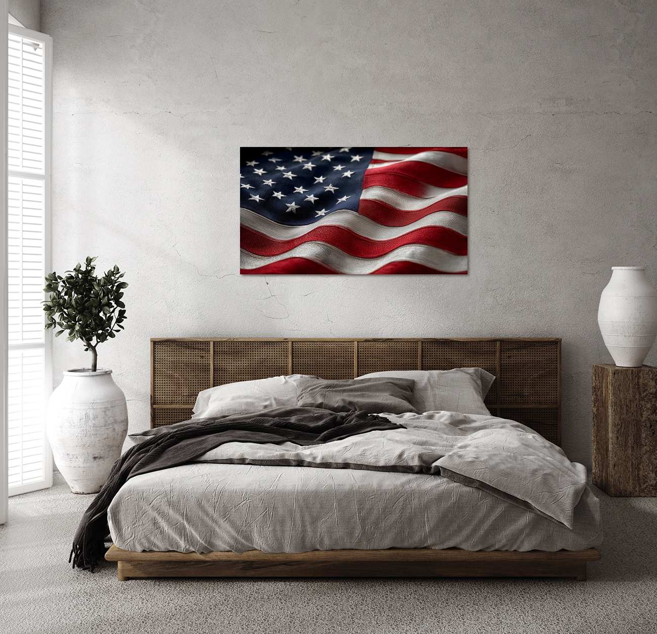 THE FABRIC OF FREEDOM patriotic flag art print above a bed