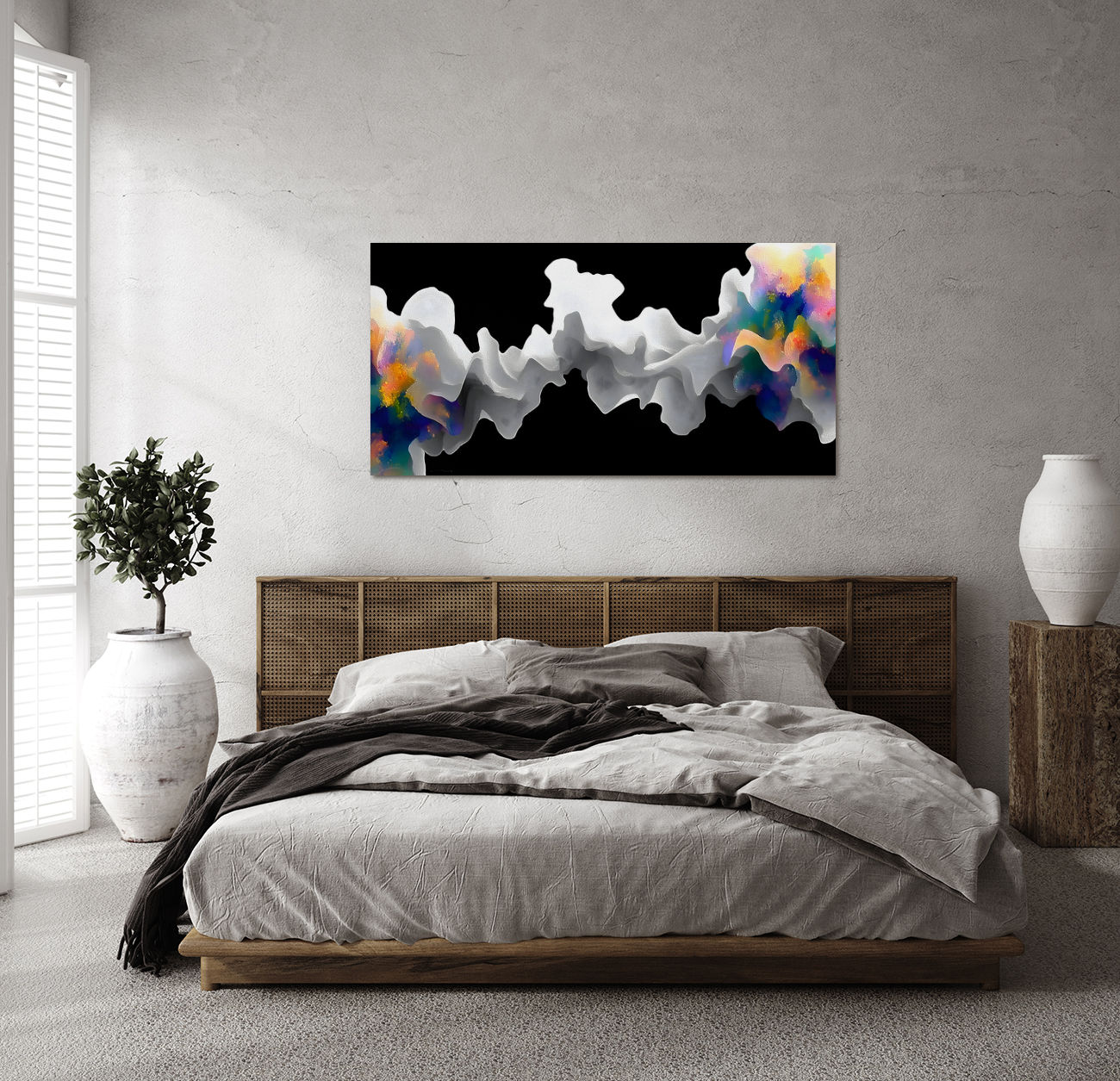 SPECTRUM FRONT electric cloudscape abstract print above a bed