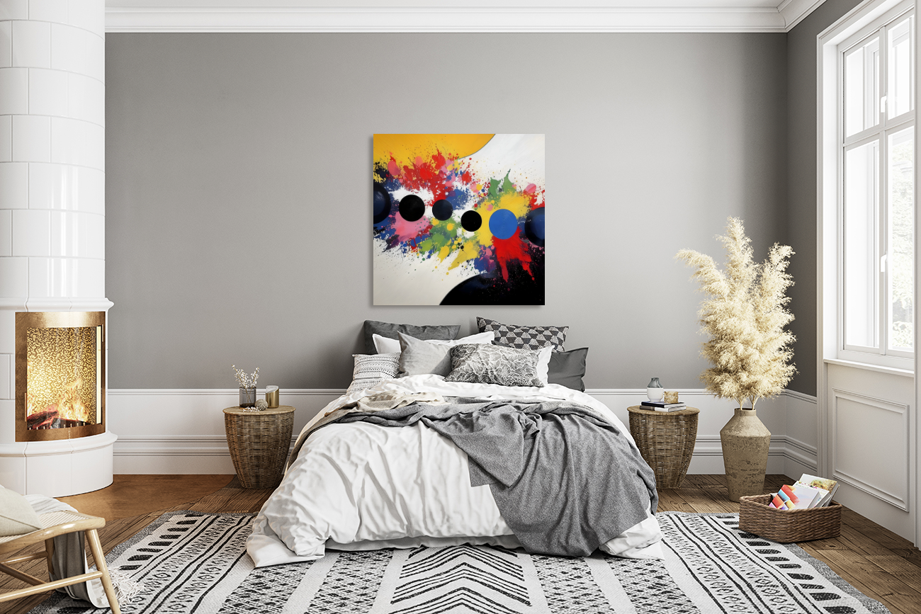 ORBITAL DAYGLOW abstract bedroom wall art above a bed