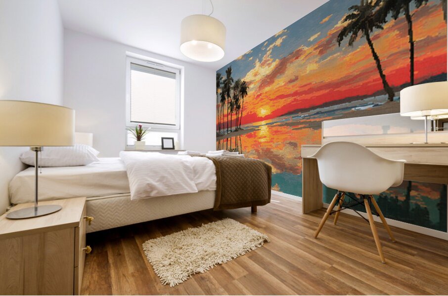 wall mural bedroom design idea with sunset art