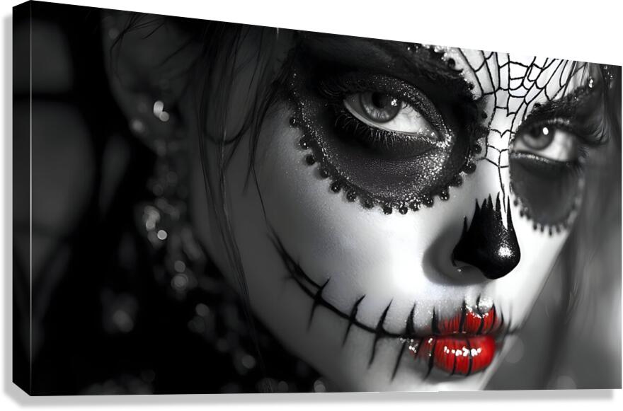 Black and white Catrina sugar skull canvas print with red lips