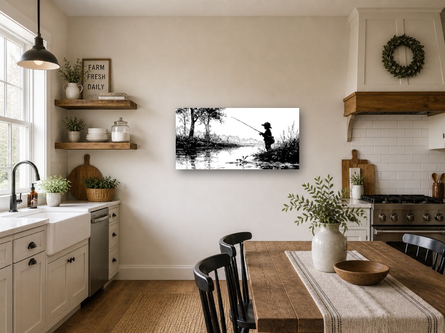 Black and white rustic wall art in a farmhouse kitchen