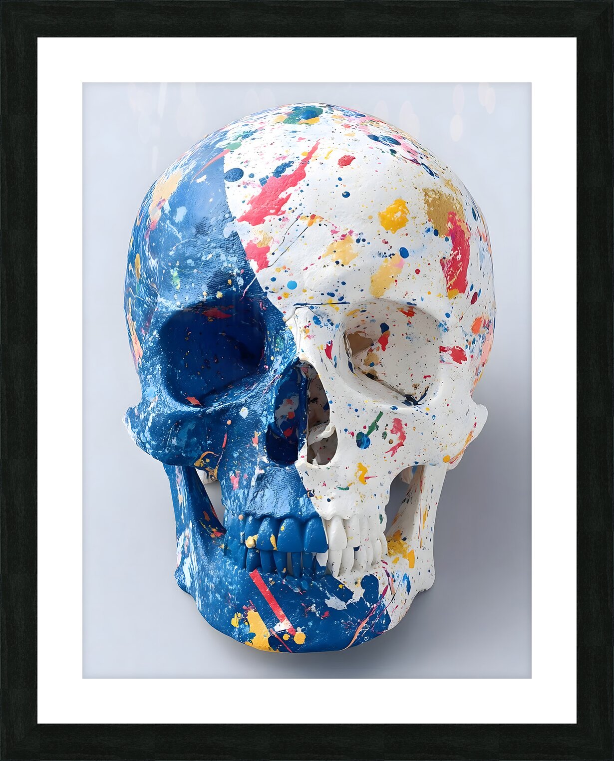 Blue and white pop art skull framed print with colorful paint splashes