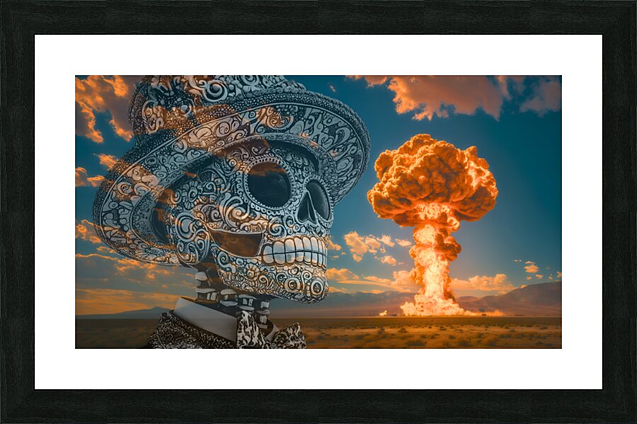 Framed Día de los Muertos sugar skull wall art with dramatic desert sky