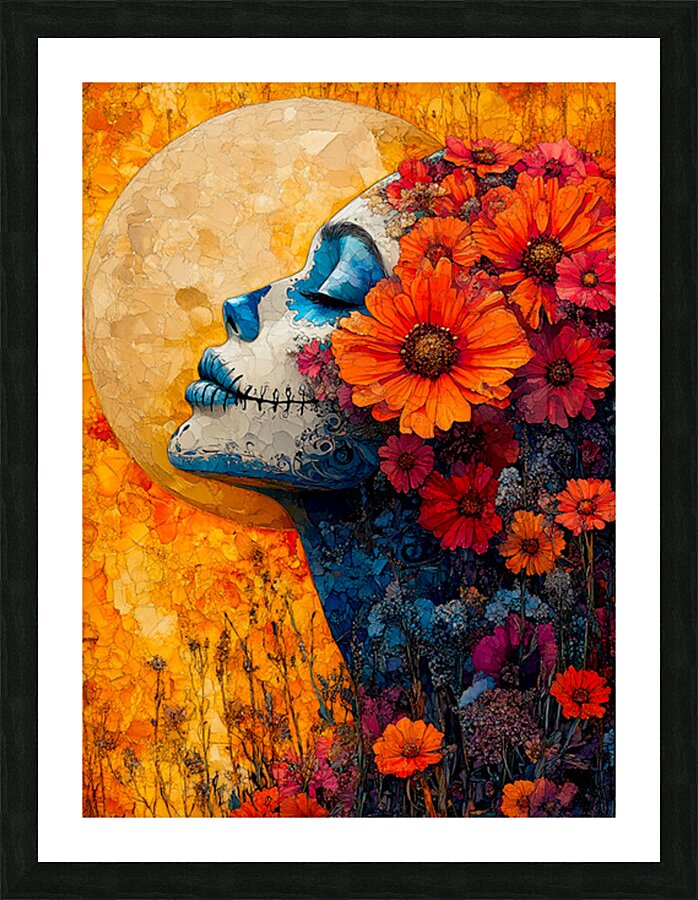 Floral Día de los Muertos framed wall art with orange flowers