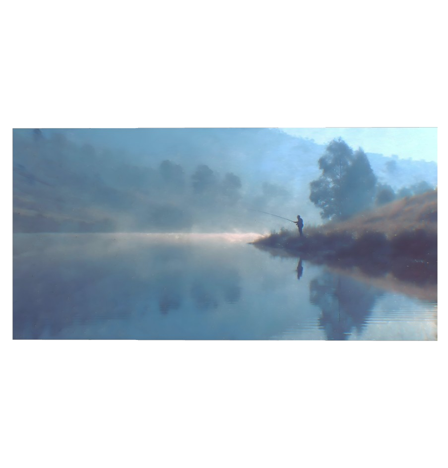 fly fishing wall art above desk with misty river scene