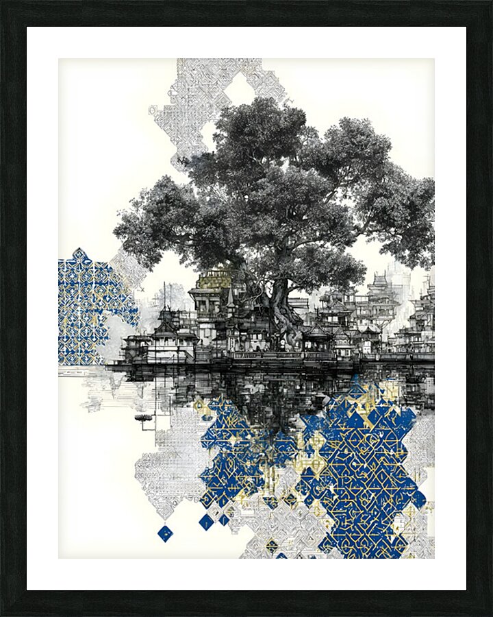 Framed blue mushroom wall art print with gold detail