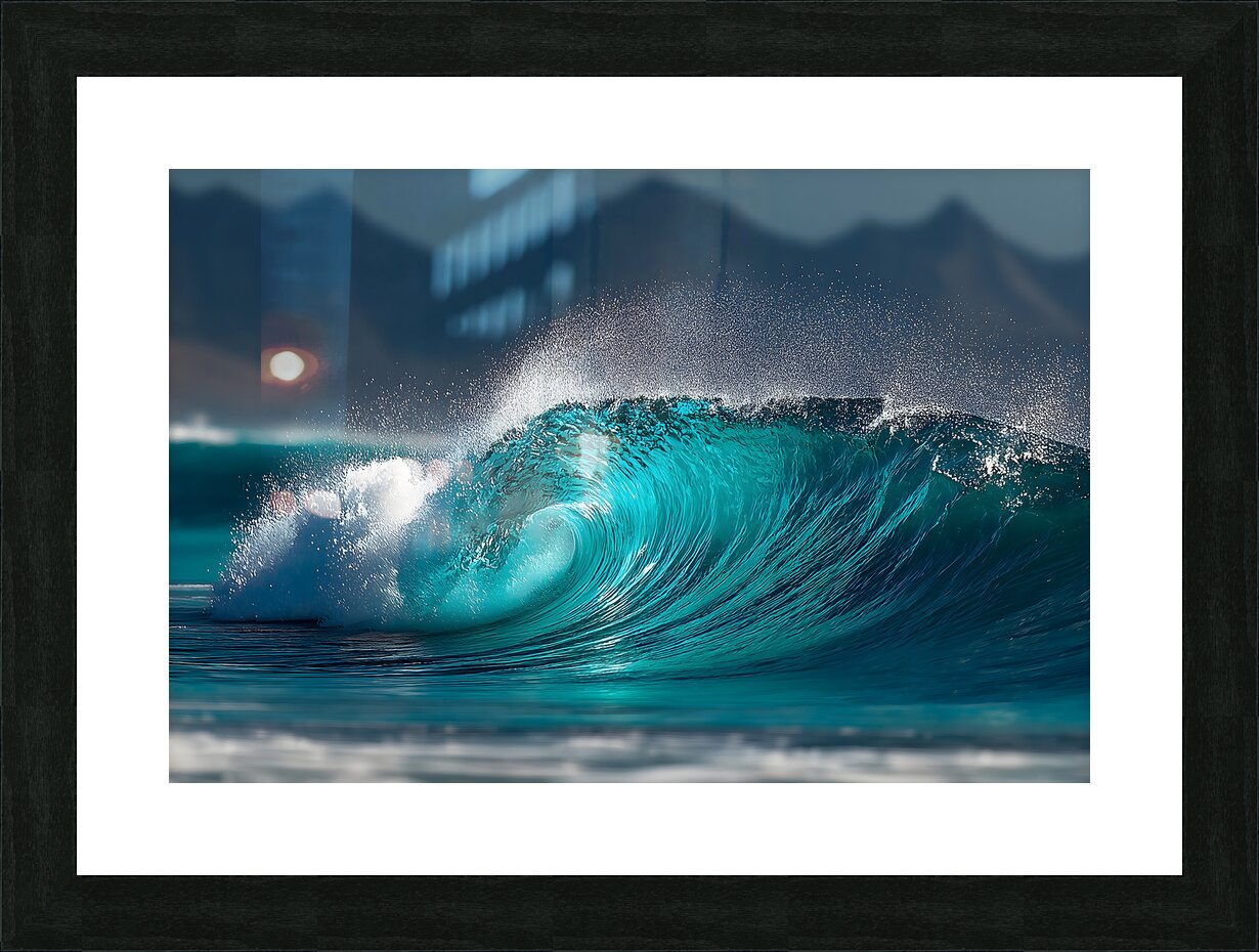 Framed turquoise wave wall art print for coastal decor