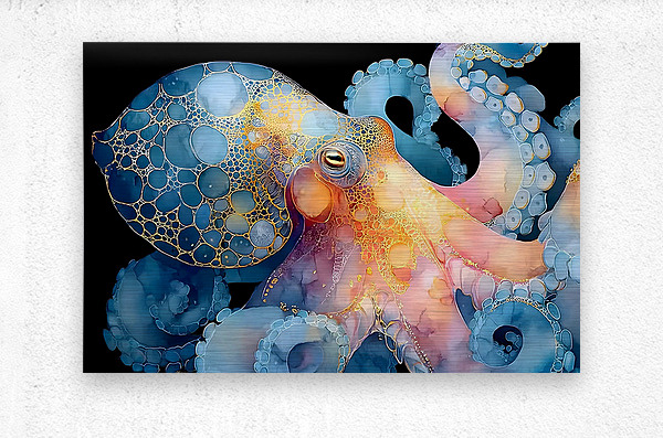 HD metal octopus wall art print with blue and gold detail