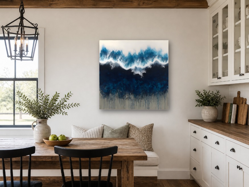 Modern blue abstract wall art in a farmhouse kitchen