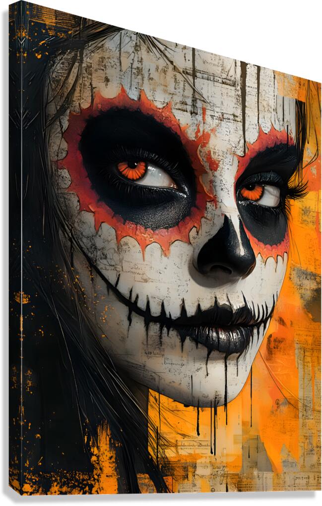 Orange Catrina sugar skull canvas print for Día de los Muertos decor