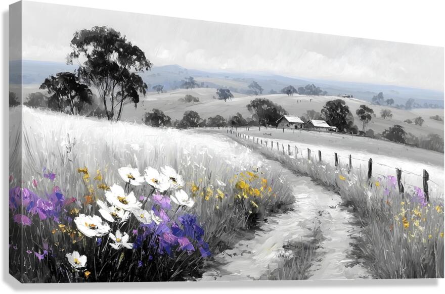 Soft country landscape canvas print with flowers and rural path