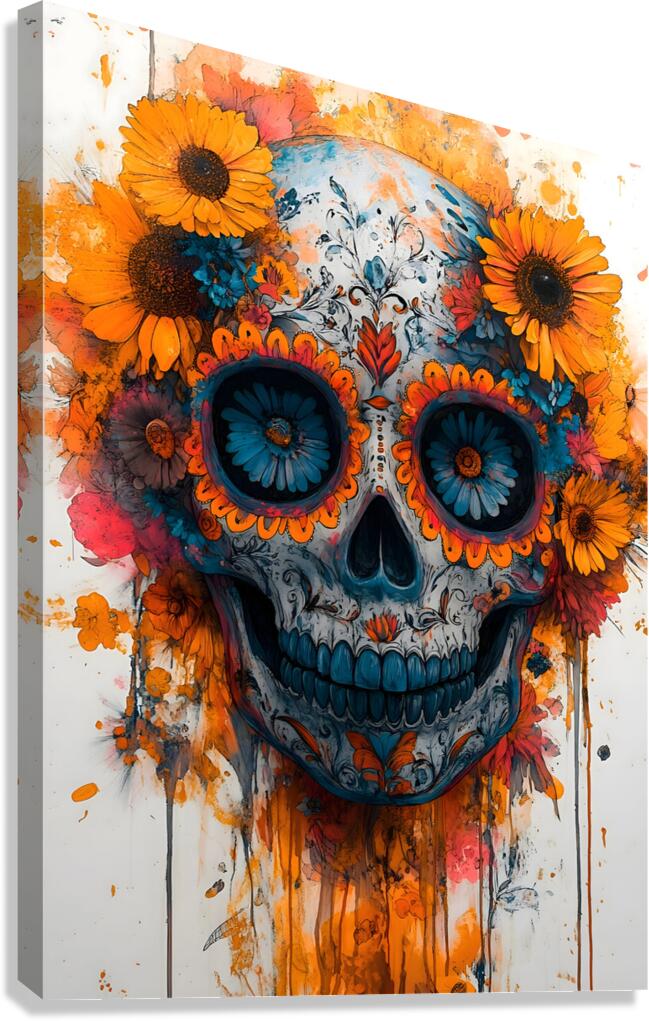 Sunflower sugar skull canvas print with orange yellow and blue flowers