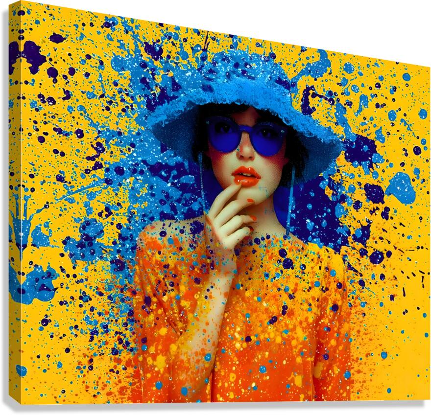 Yellow and blue fashion pop canvas print with sunglasses portrait