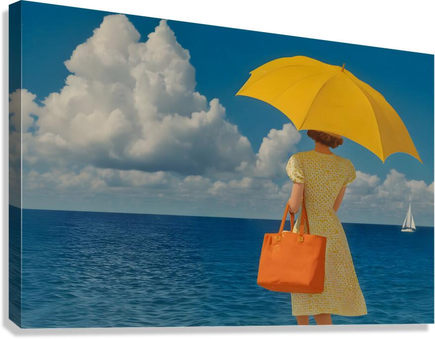 Yellow umbrella ocean canvas print with blue sea and sky